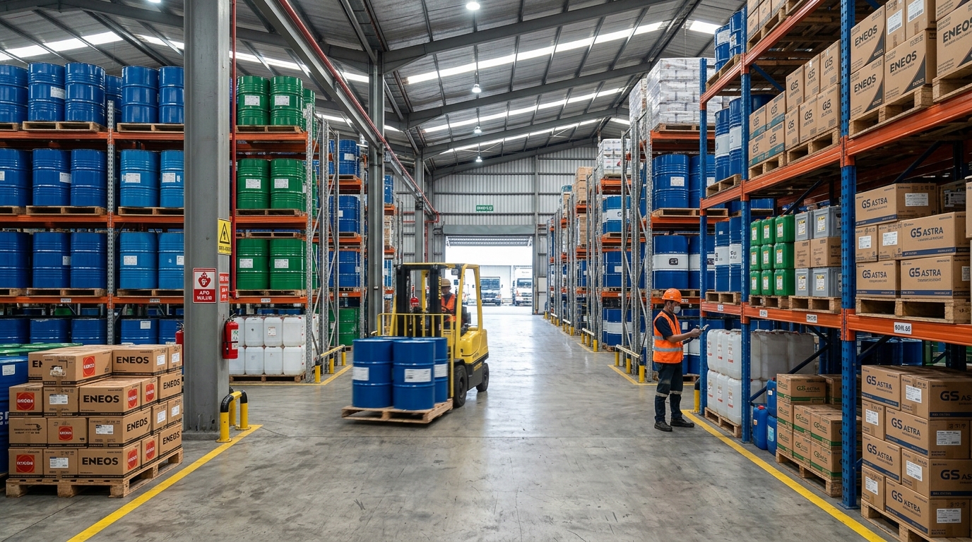 PT. Artha Hana Pranawa warehouse with industrial lubricant drums and storage racks