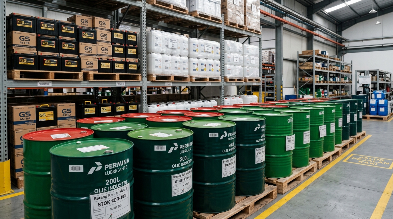 Stock of industrial drums, jerry cans, and batteries on warehouse pallets