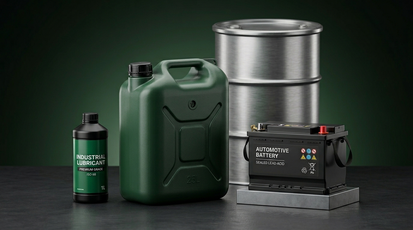 Curated lineup of industrial products including jerry can, lubricant bottle, drum, and battery