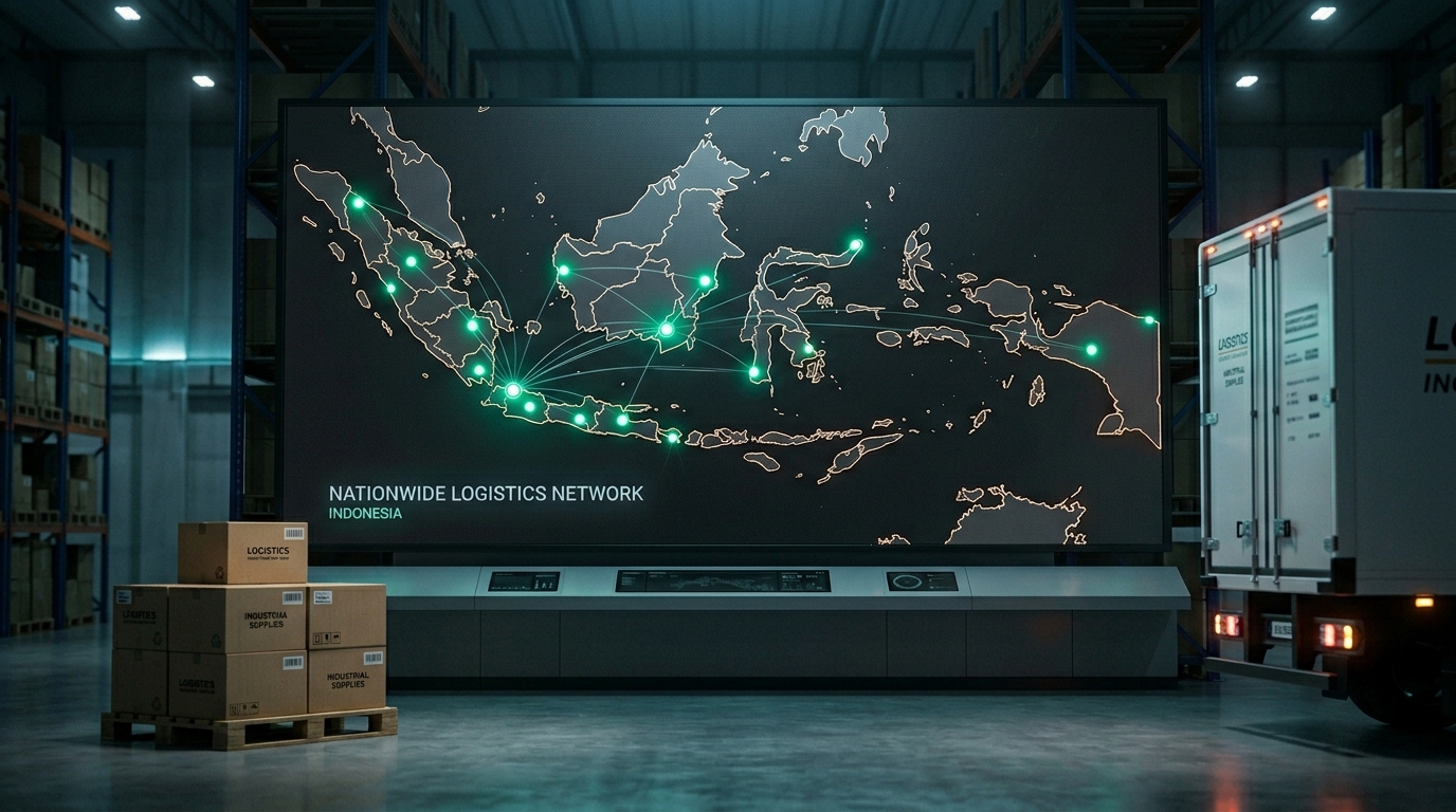 Indonesian distribution coverage map highlighting Jakarta and Banjarbaru hubs