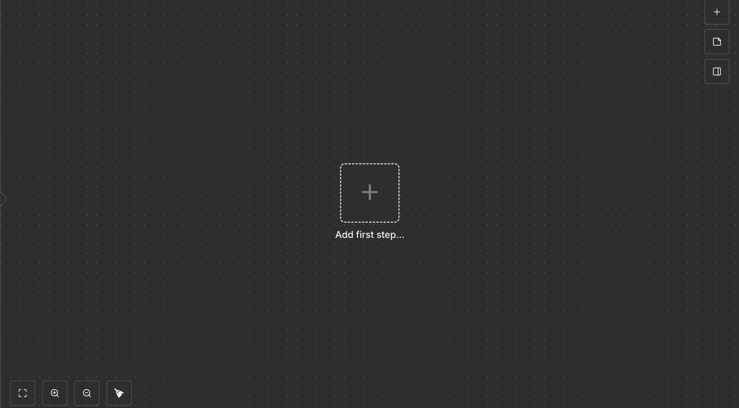 Area kanvas n8n yang kosong dengan latar belakang titik-titik.
