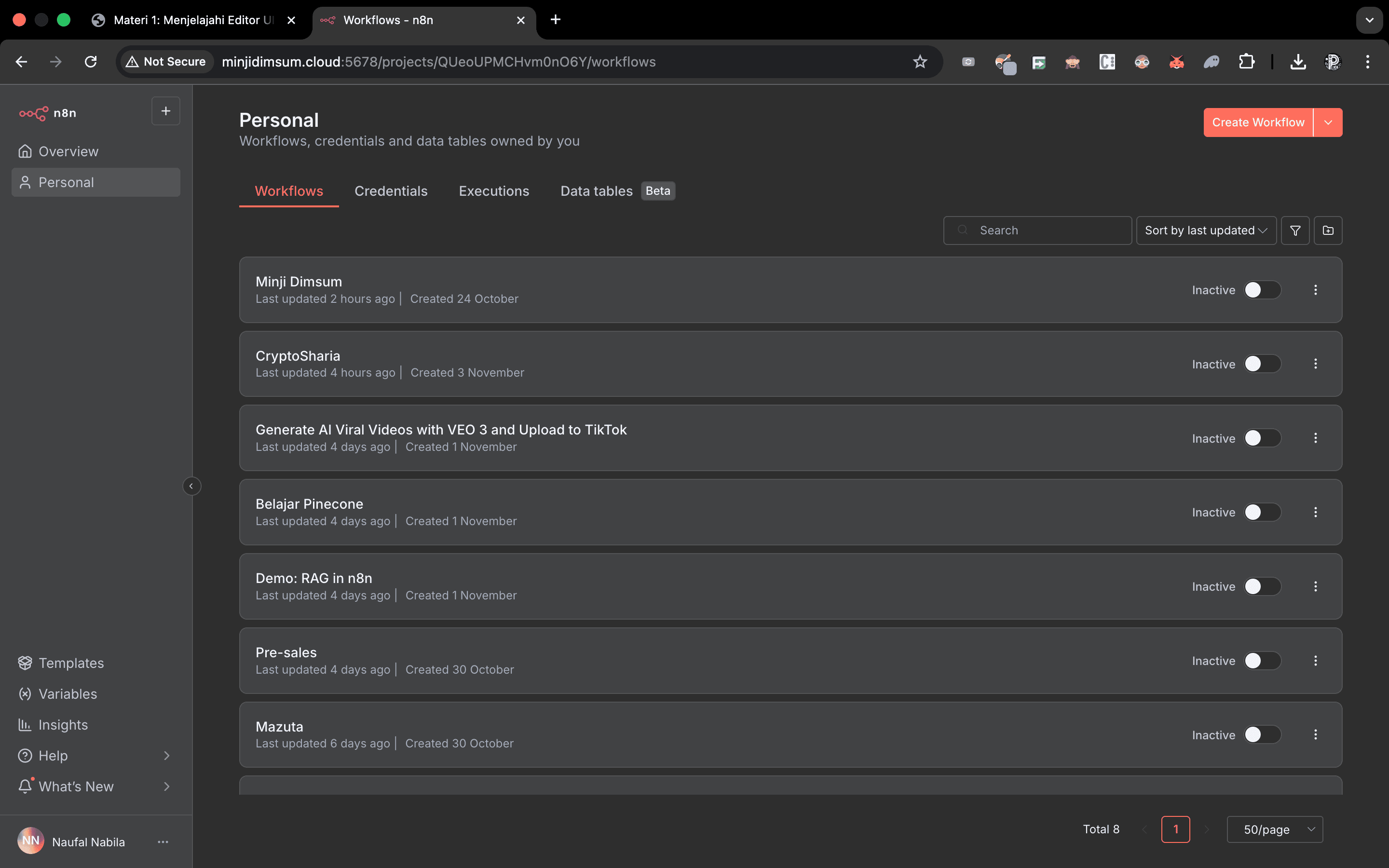 Tombol 'Create Workflow' di dashboard n8n.