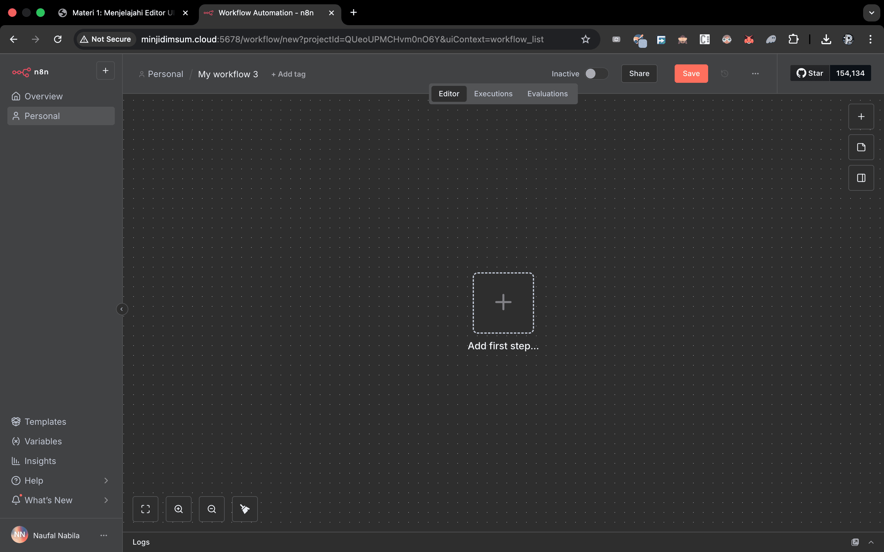 Kanvas workflow n8n yang masih kosong dengan node 'Start'.
