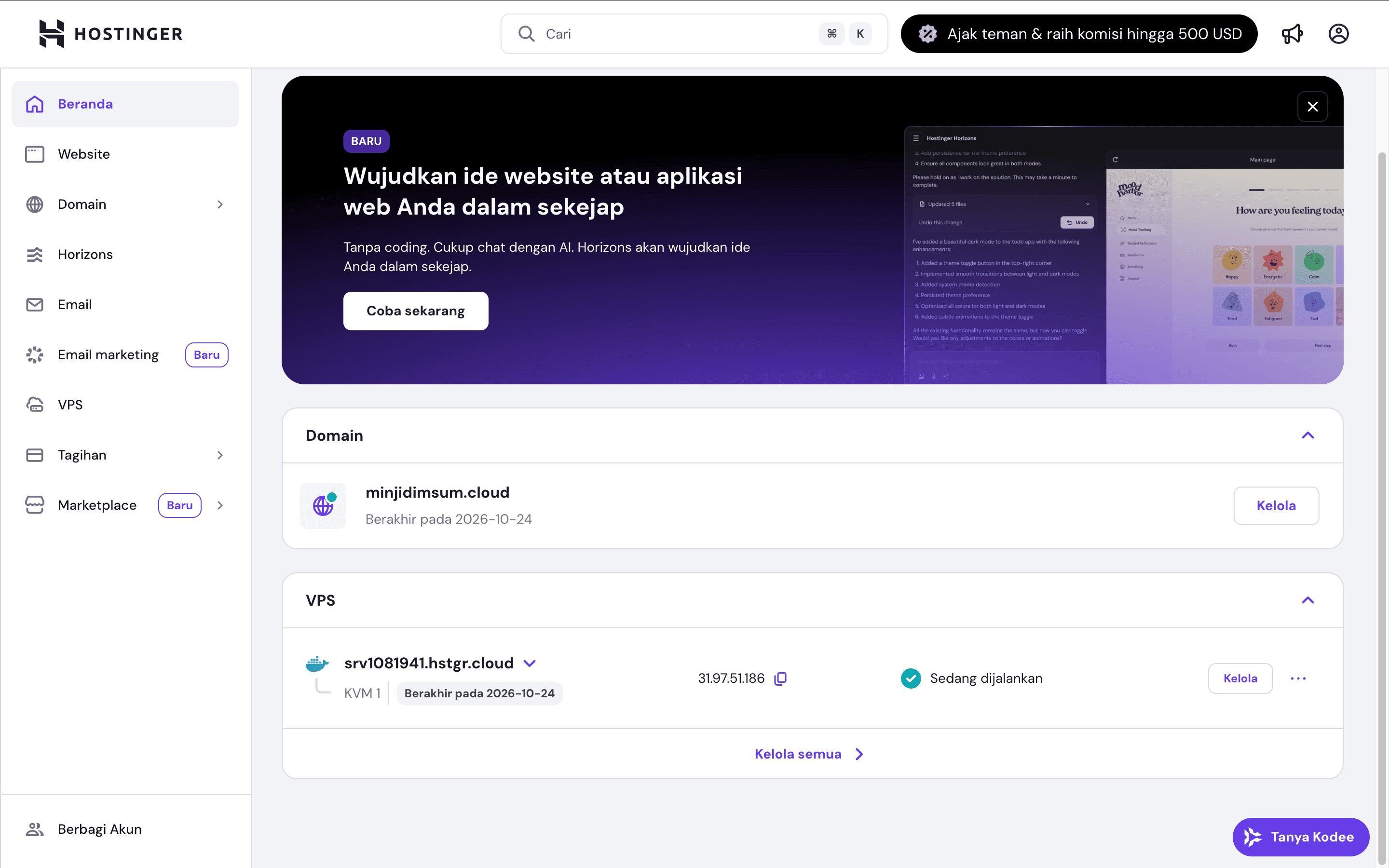 Tangkapan layar dashboard VPS Hostinger KVM 1.
