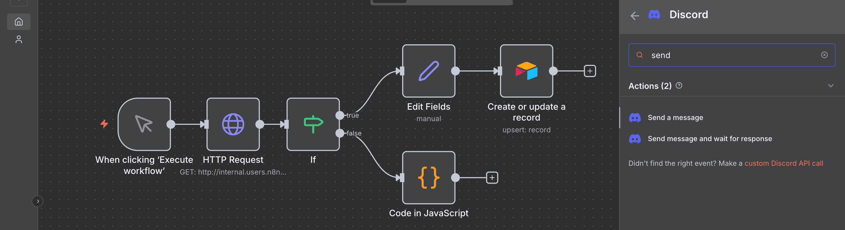 Memilih aksi 'Send a message' dari node Discord.