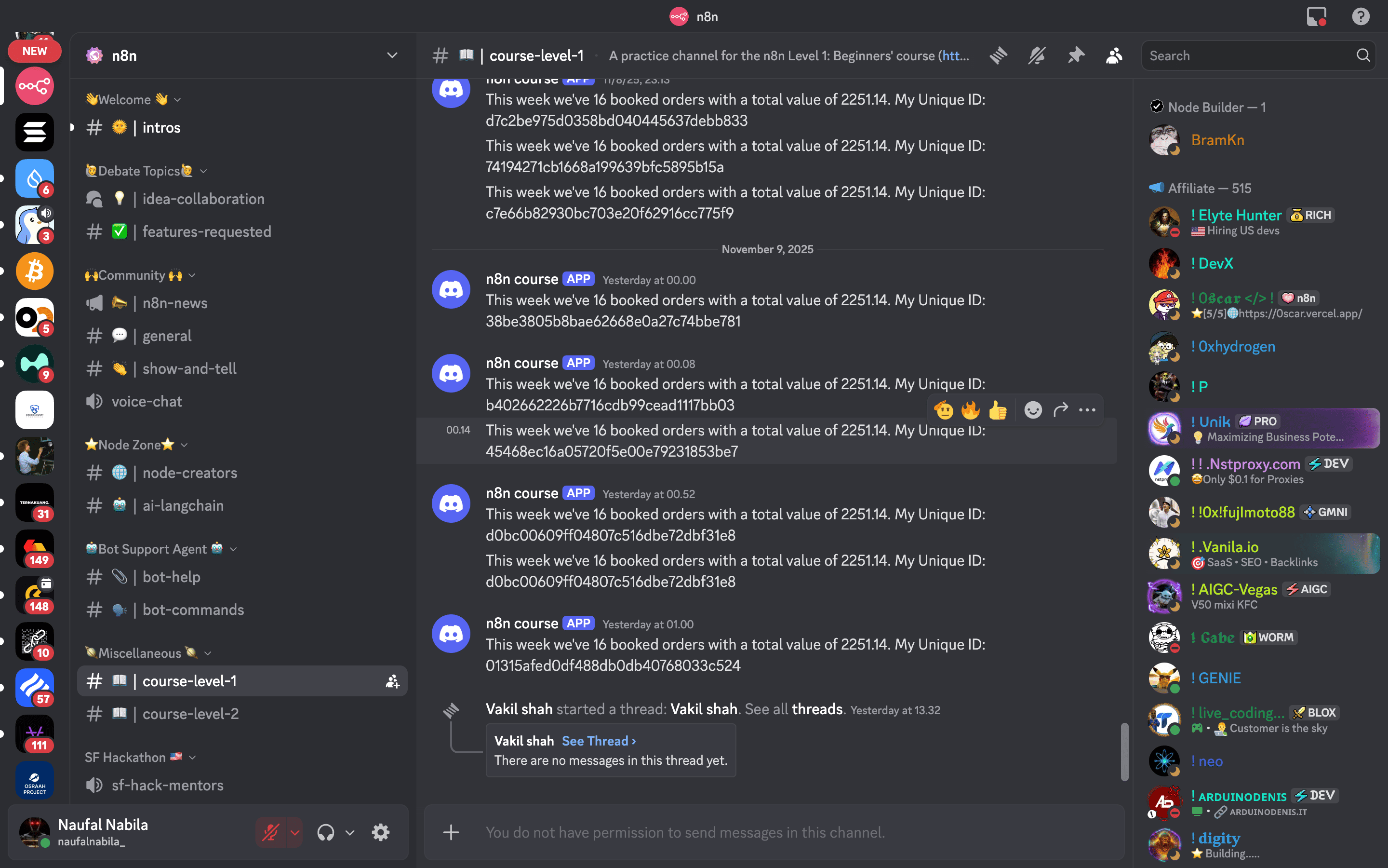Channel #course-level-1 di dalam server Discord n8n.