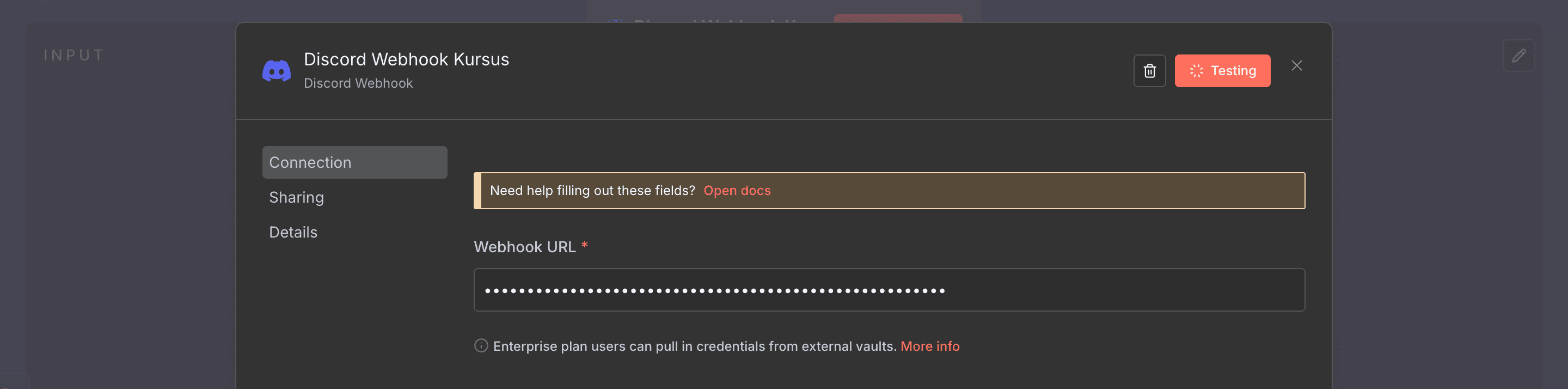 Jendela popup kredensial Discord Webhook di n8n.