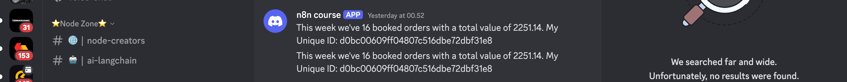 Pesan yang sudah jadi muncul di channel Discord.