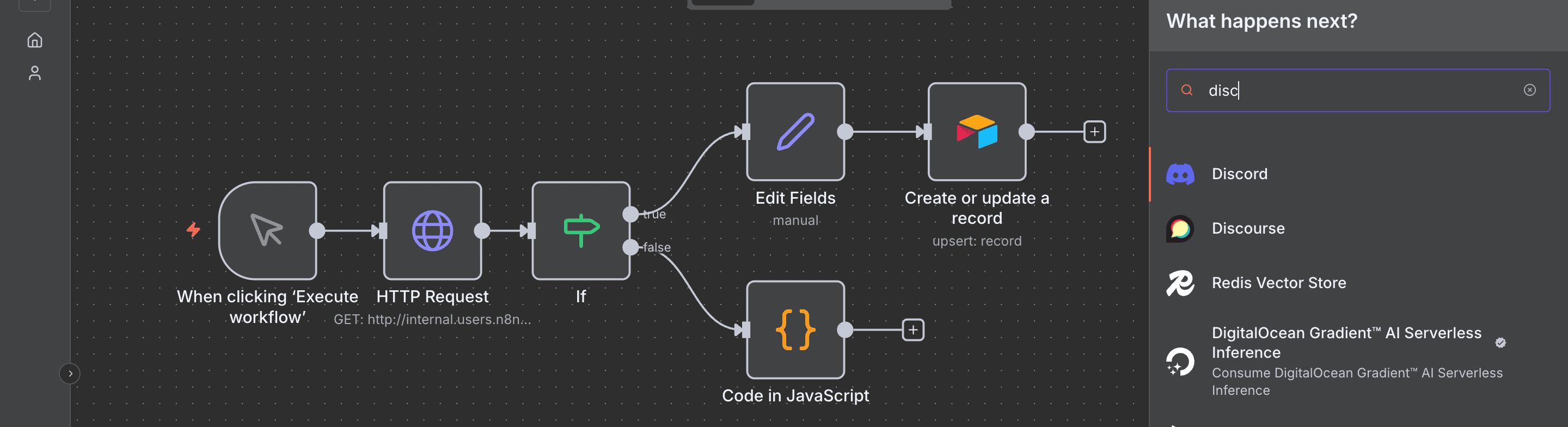 Mencari 'Discord' di panel pencarian node n8n.