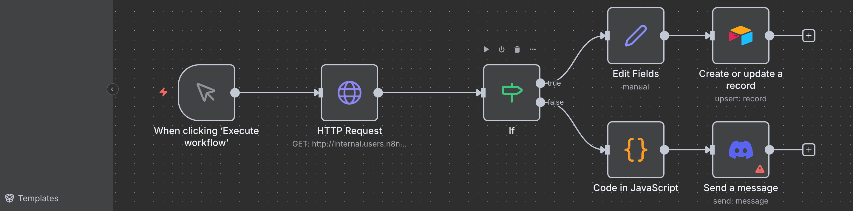 Diagram alur kerja: Cabang 'false' sekarang mengarah ke Code Node, lalu ke Discord Node.