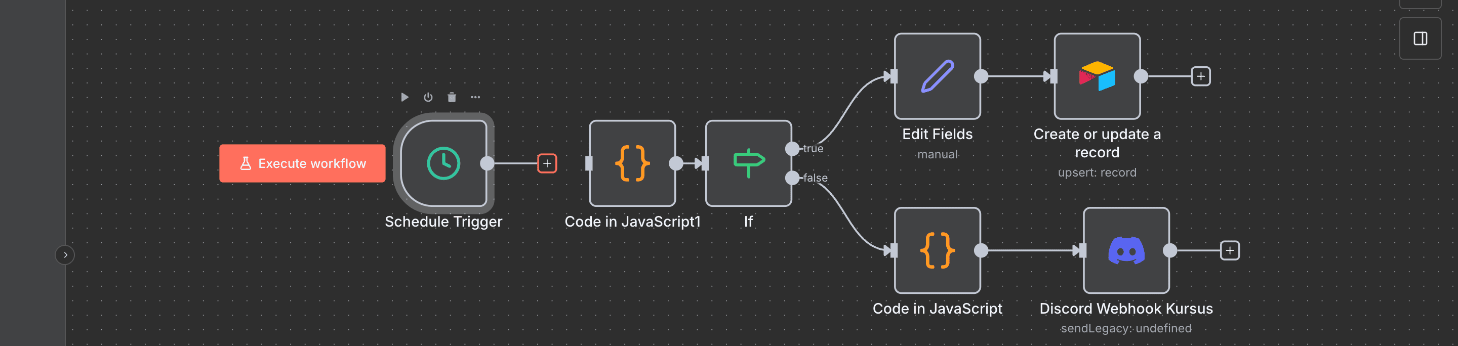 Menyambungkan output Schedule Trigger ke input HTTP Request.