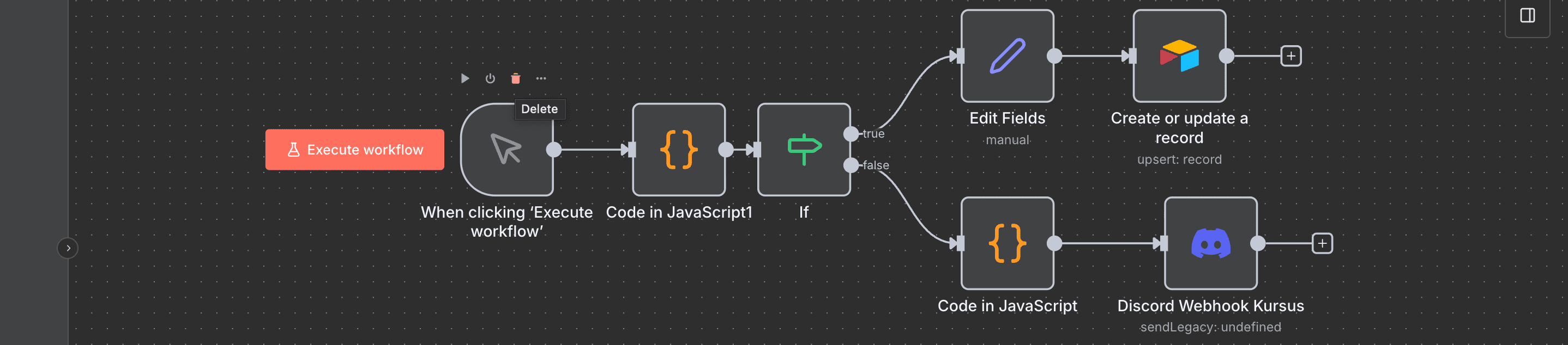 Menghapus node 'Start' dari kanvas n8n.