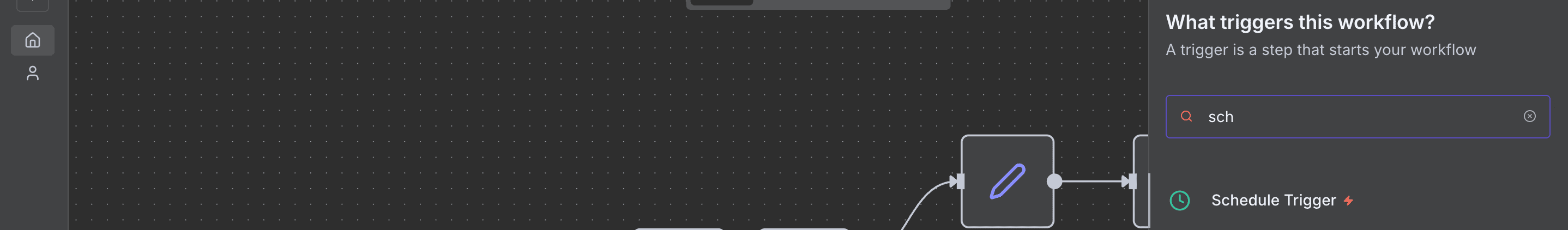 Mencari 'Schedule Trigger' di panel node n8n.