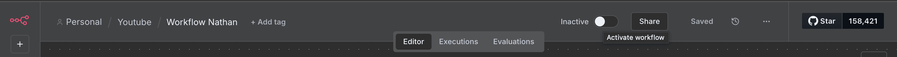 Tombol toggle di bilah atas n8n, diubah dari 'Inactive' menjadi 'Activated' 1.