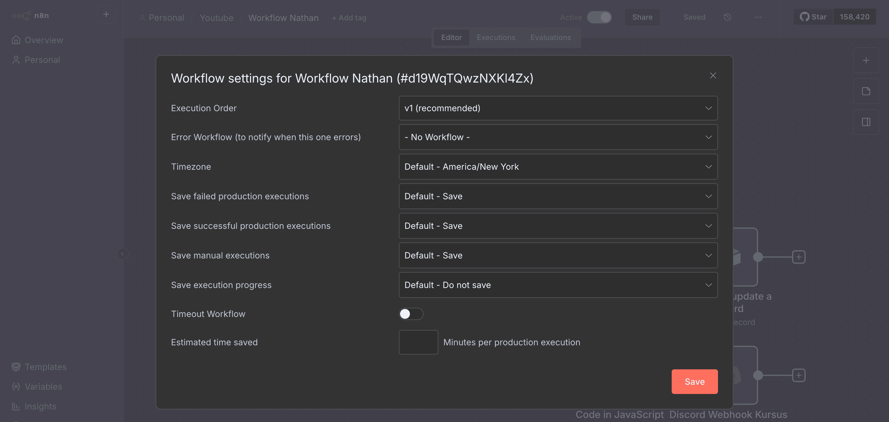 Jendela popup Workflow Settings di n8n.