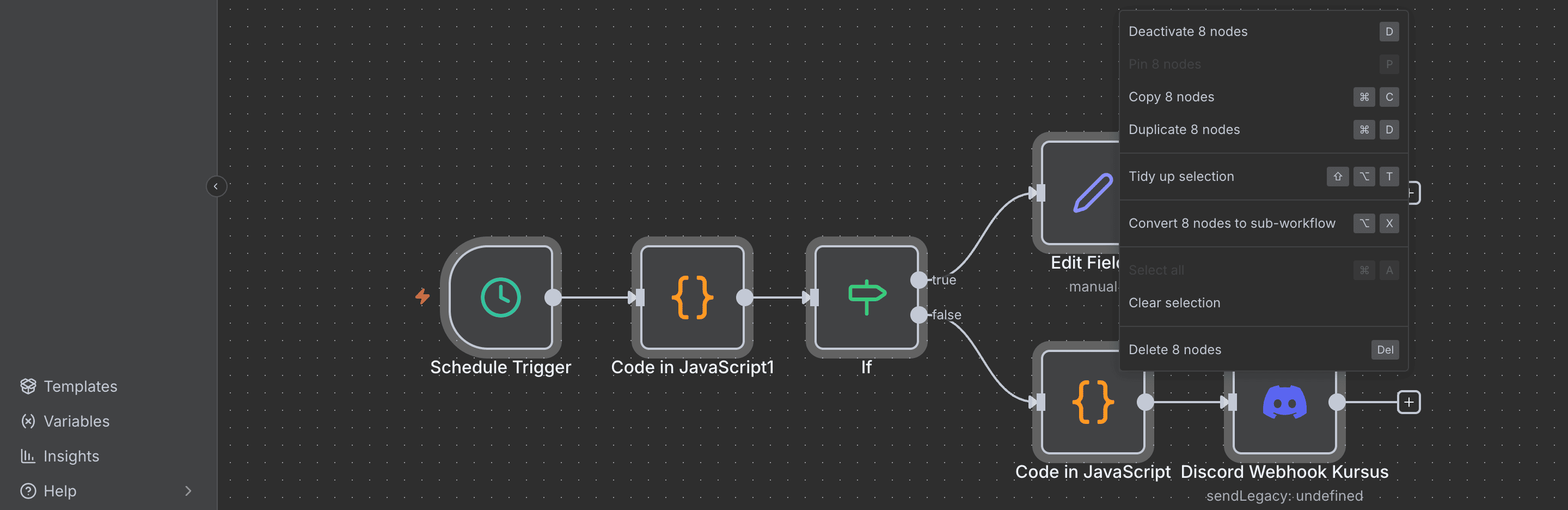 Tampilan kode JSON hasil copy-paste node n8n di teks editor.