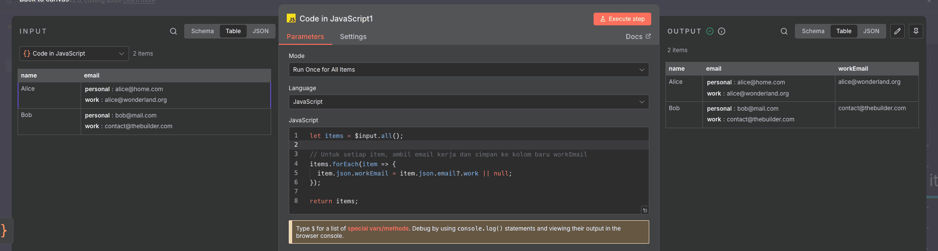 Output Code Node kedua menunjukkan properti workEmail baru.