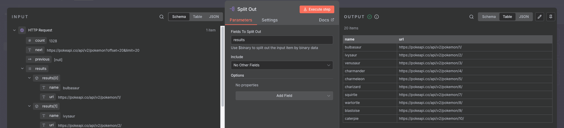 Output dari node Split Out.