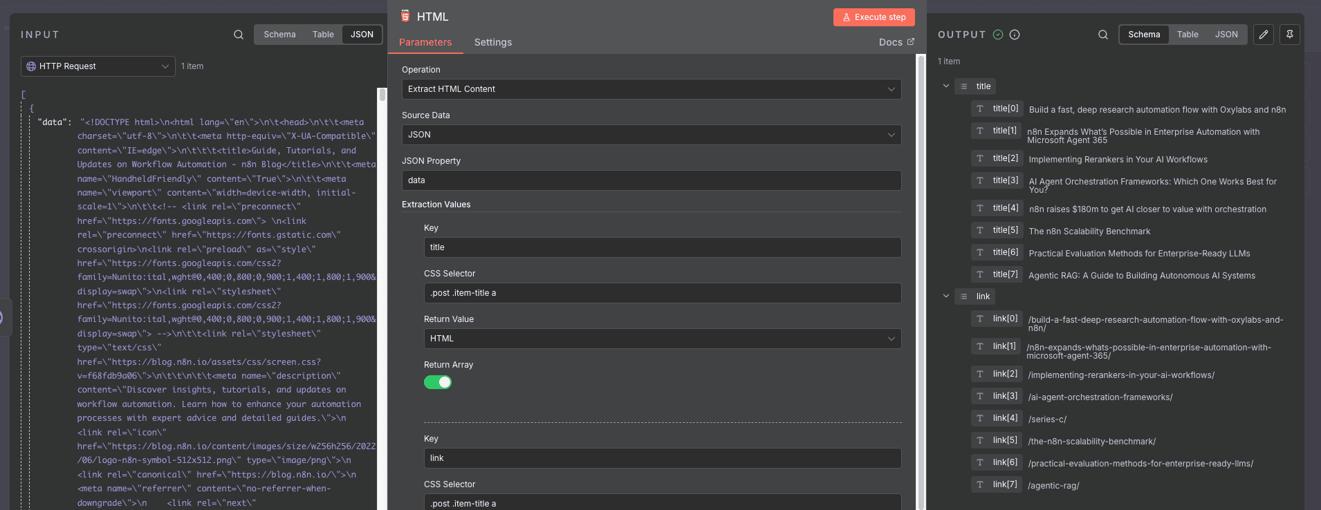 Hasil output HTML Node menampilkan array artikel dengan judul dan link.