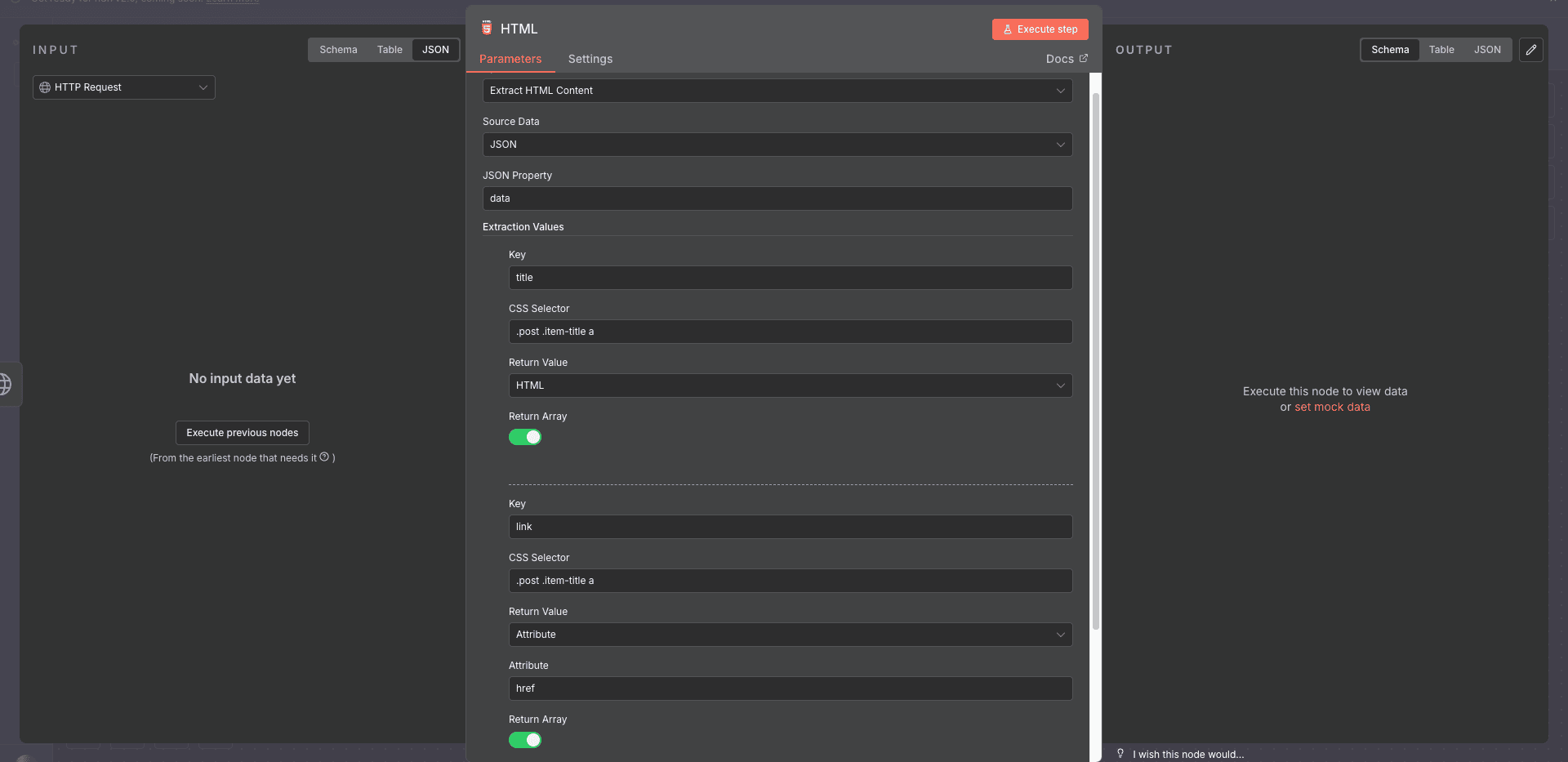 Konfigurasi HTML Node dengan dua extraction values: title dan link.