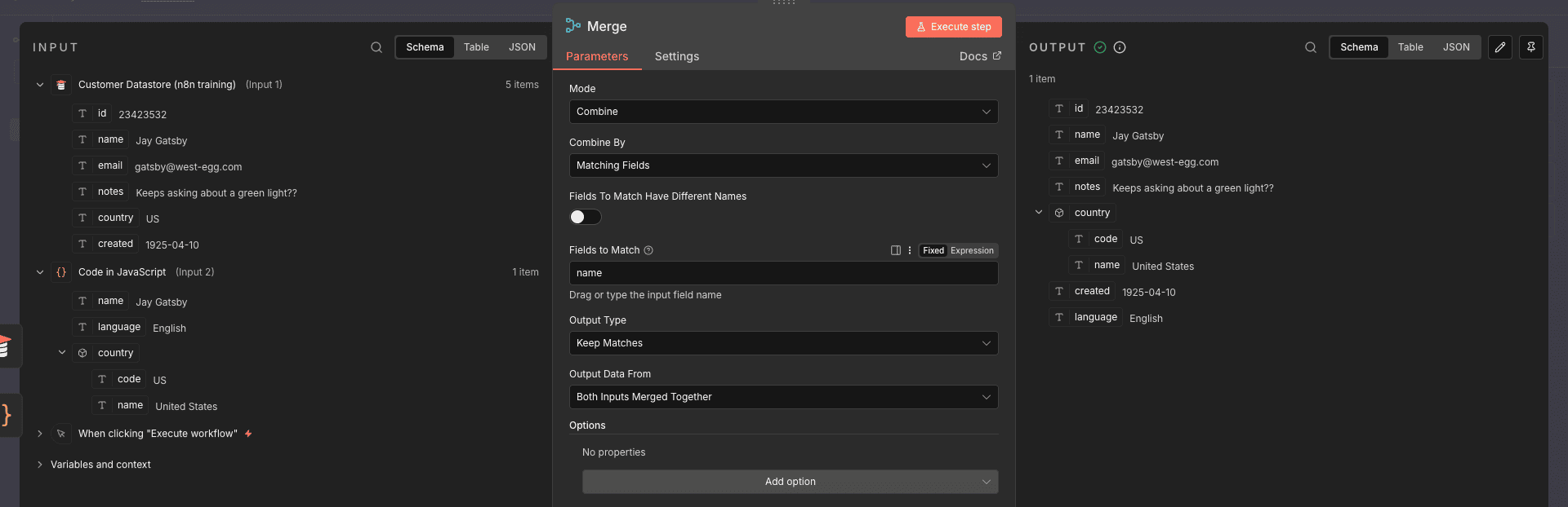 Konfigurasi Merge Node menggunakan field 'name'.