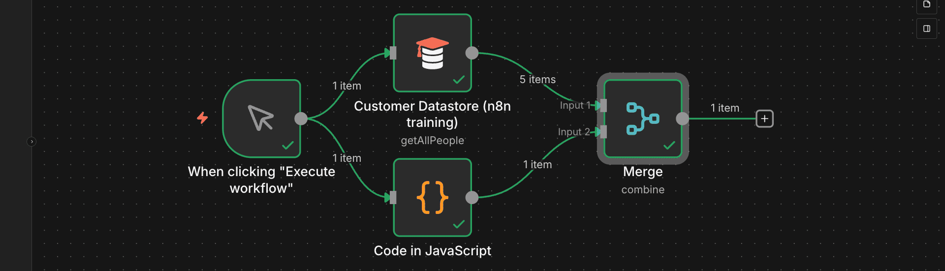 Flow merge node dengan dua input dan satu output.