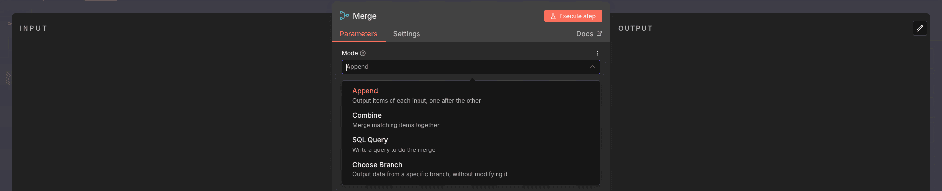 Pilihan mode pada Merge Node: Append, Combine, dll.