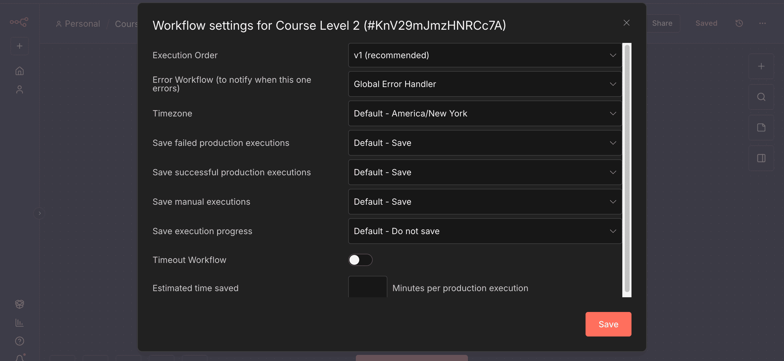 Menu Settings di workflow utama untuk memilih Error Workflow.