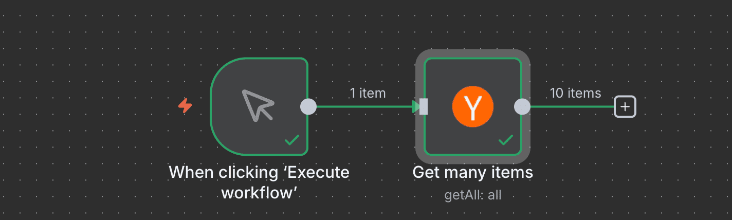 Workflow mini yang sudah jadi, dari node Start ke Hacker News.