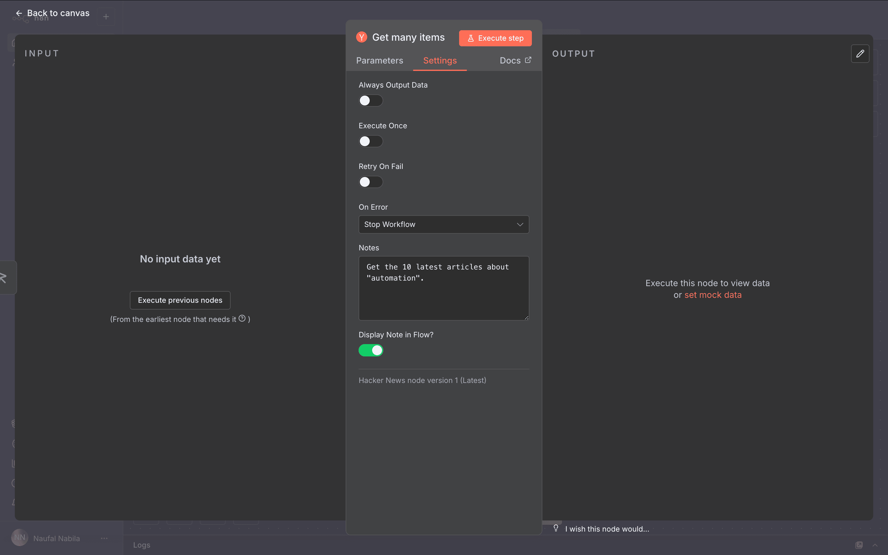 Pengaturan node Hacker News dengan 'Notes' diisi dan 'Display note' diaktifkan.