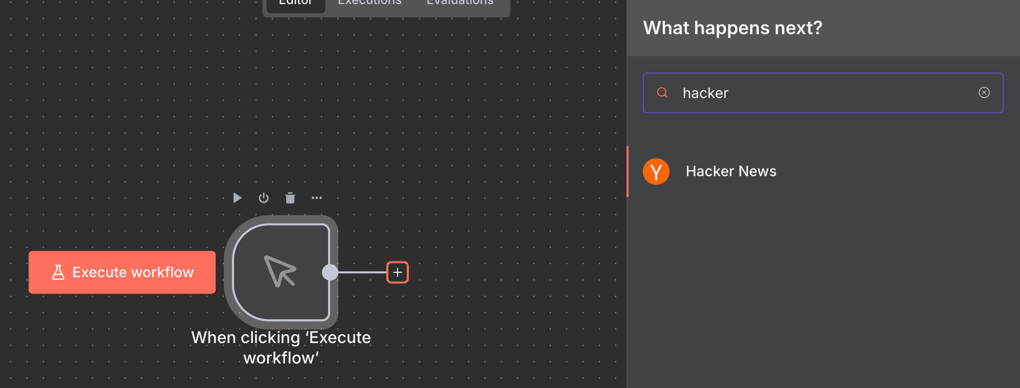 Mencari 'Hacker News' di panel pencarian node.