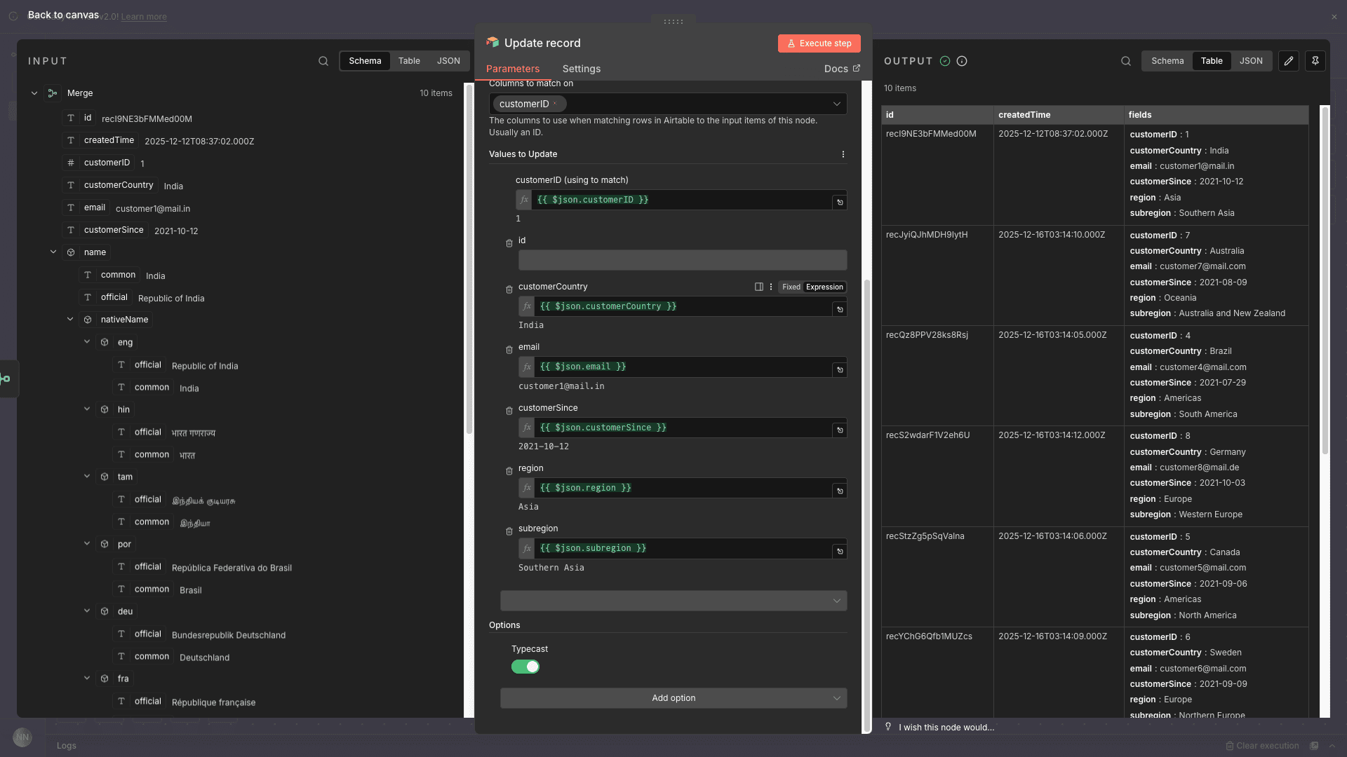 Detail node dari Airtable Update dengan field region dan subregion.