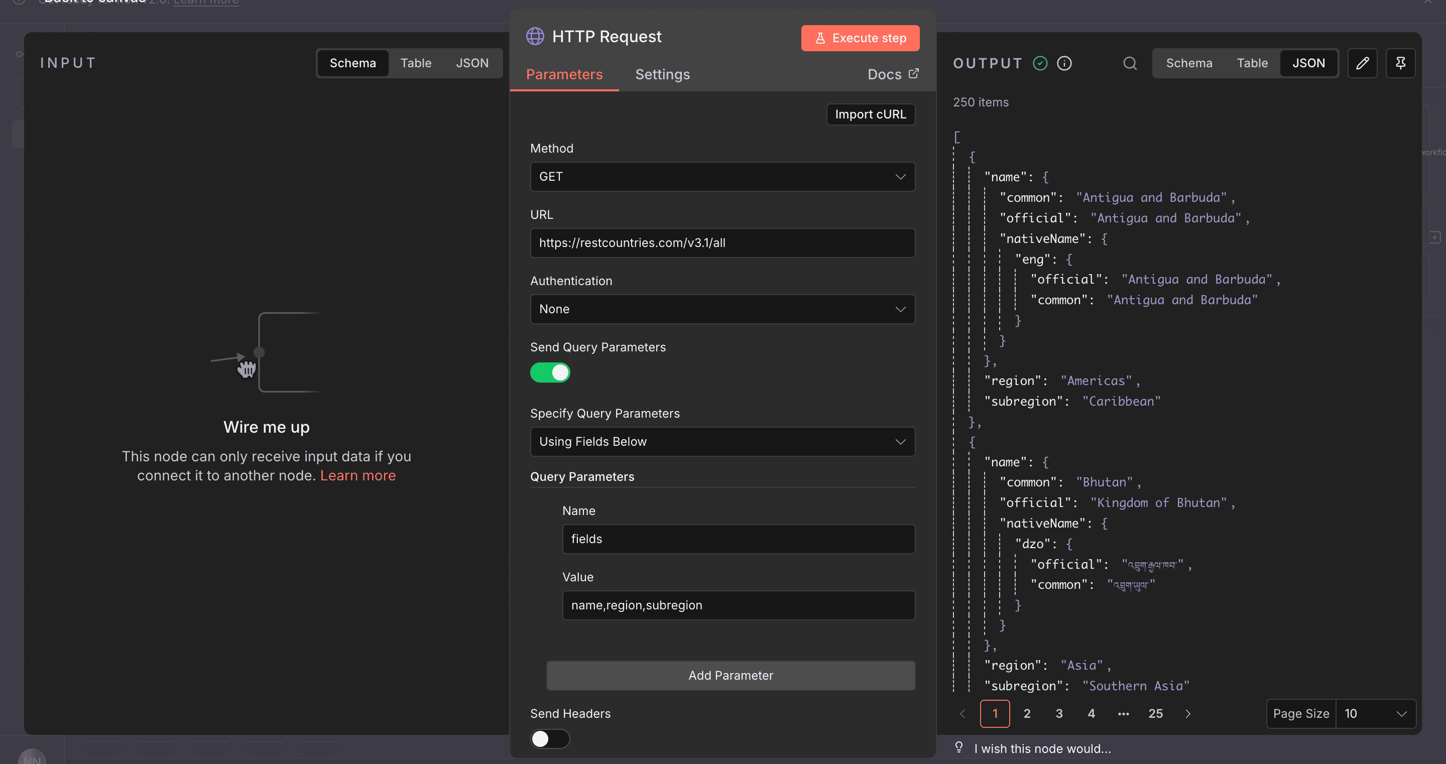 Output HTTP Request menampilkan daftar negara dan region.