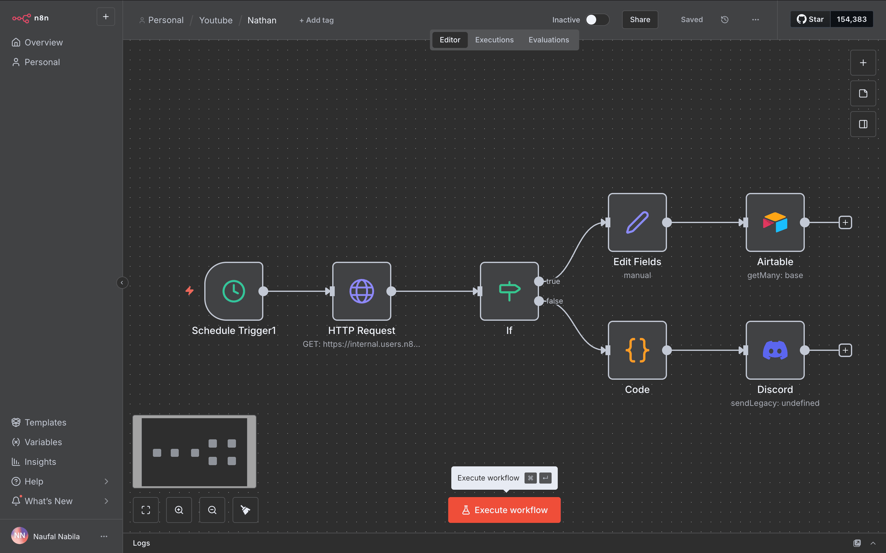 Diagram alur kerja: Trigger -> HTTP Request -> IF Node. IF Node bercabang dua: (Cabang Booked -> Hitung -> Discord) dan (Cabang Processing -> Airtable/Sheets).