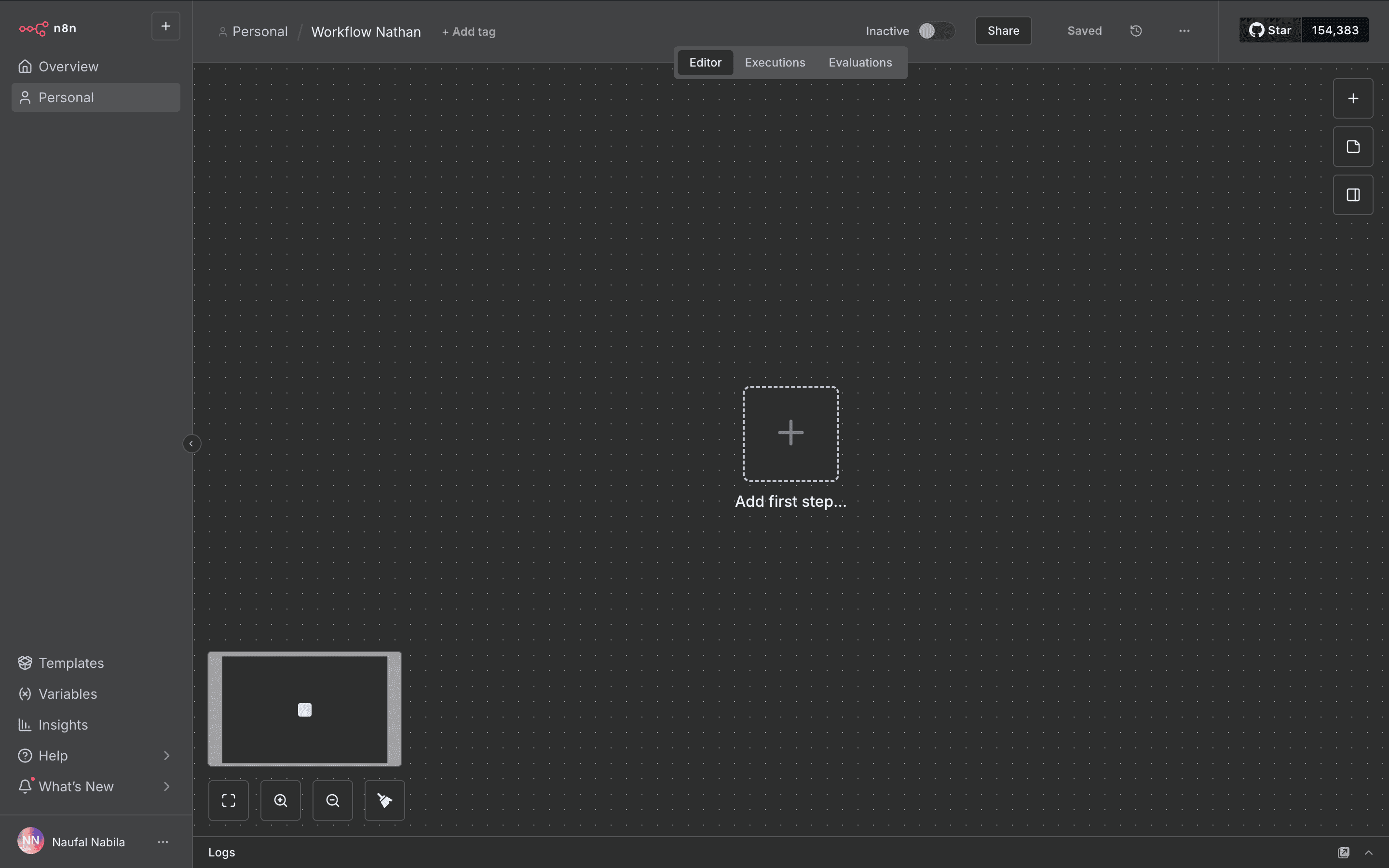 Menu 'Add workflow' di sidebar n8n.