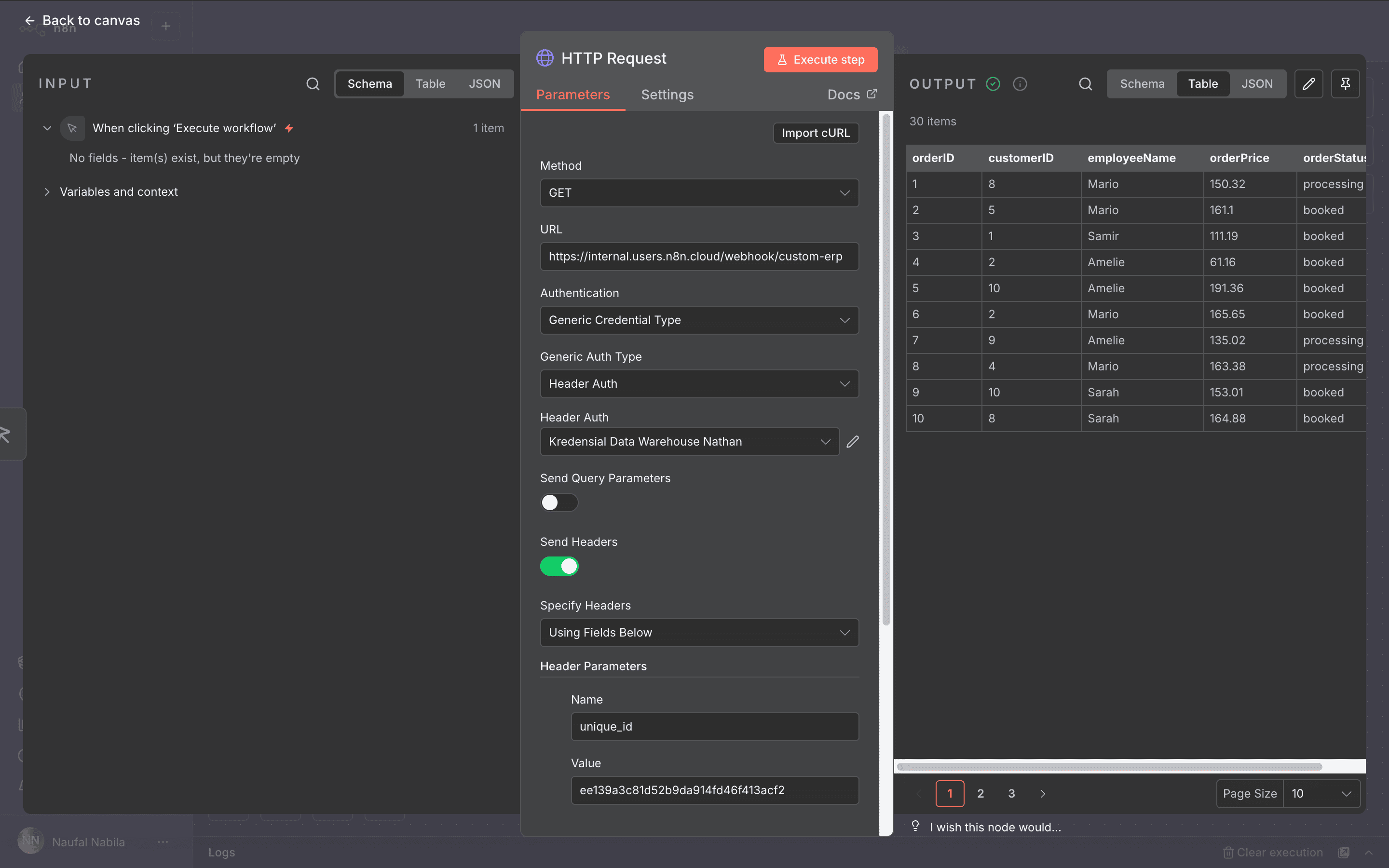 Tombol 'Execute step' (ikon Play) di pojok kanan atas jendela node.