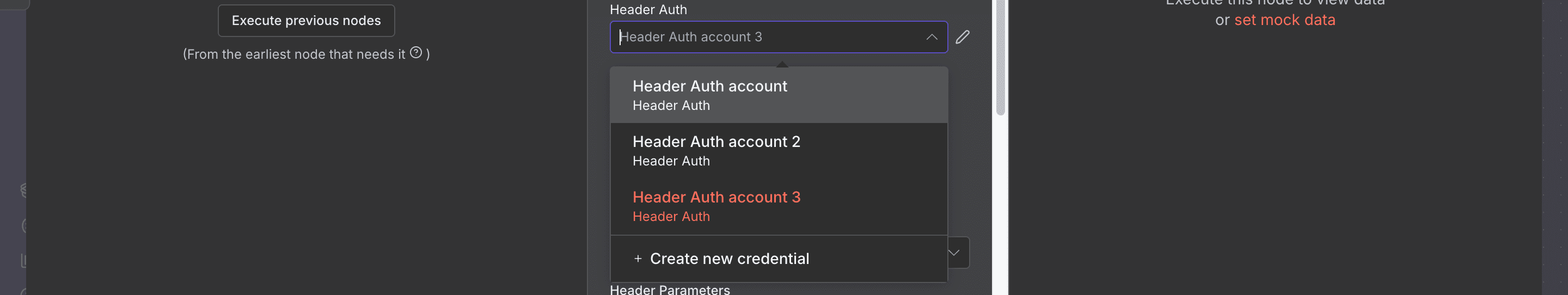 Memilih 'Header Auth' dan mengklik 'Create new credential'.