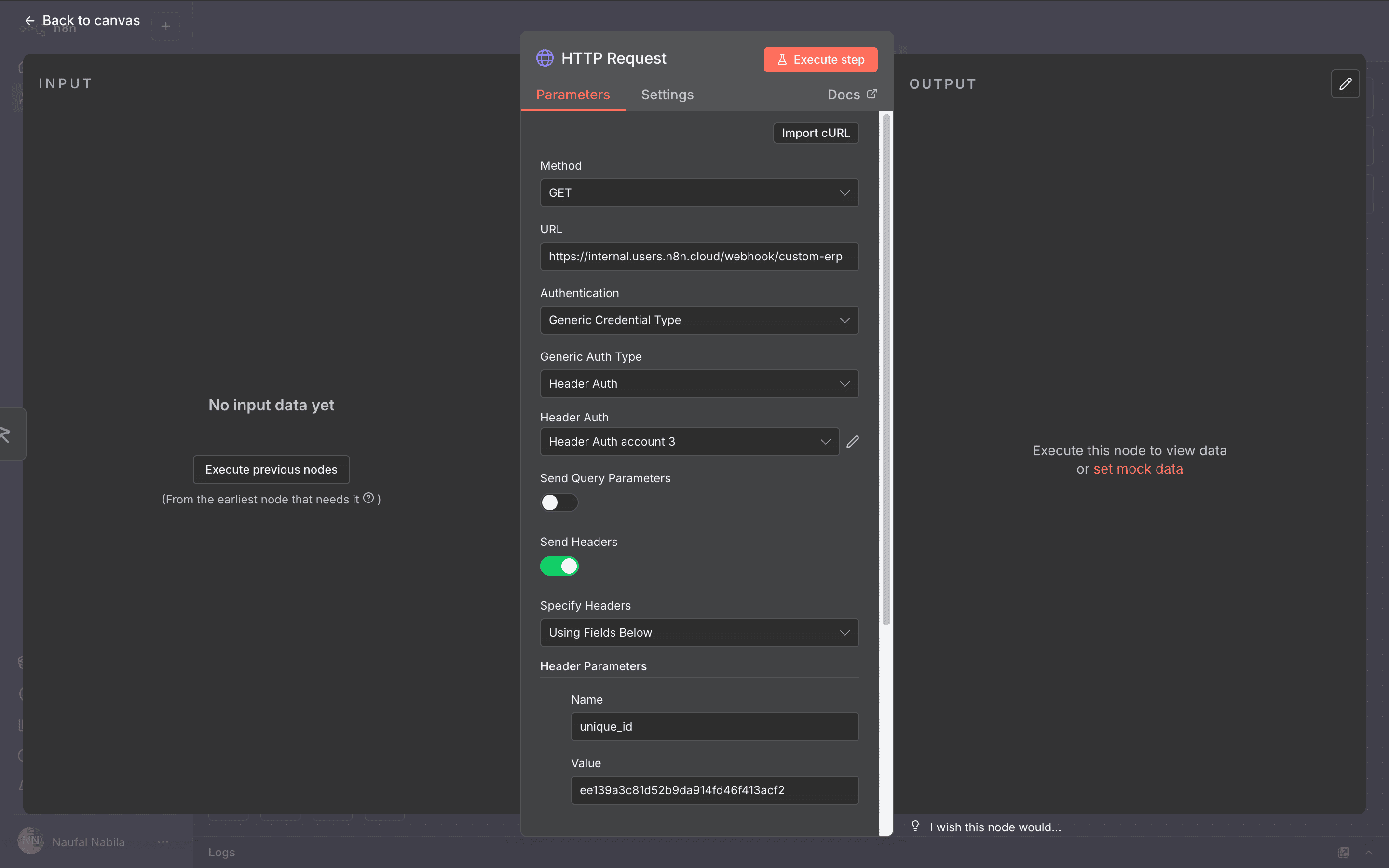 Mengisi URL dan Header Parameters di node HTTP Request.