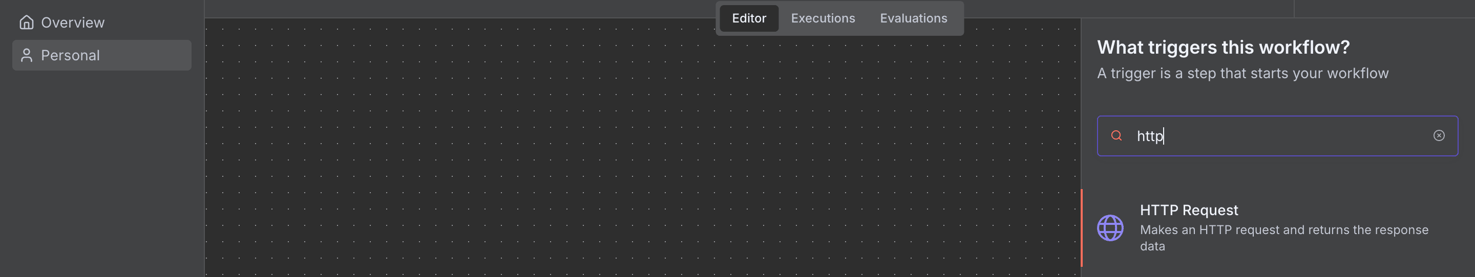 Mencari node 'HTTP Request' di panel node.