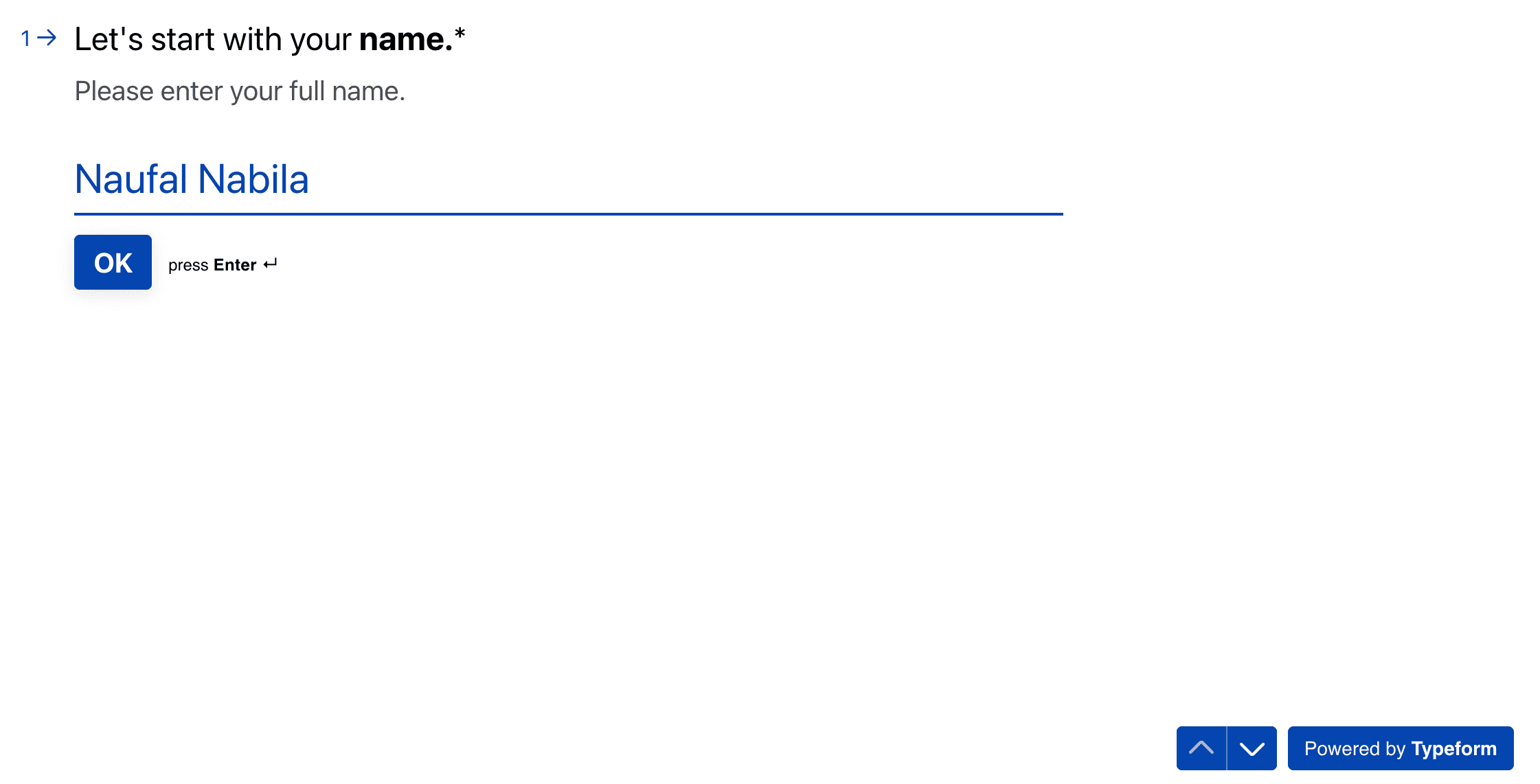 Formulir Typeform meminta nama lengkap Kita (Naufal Nabila).