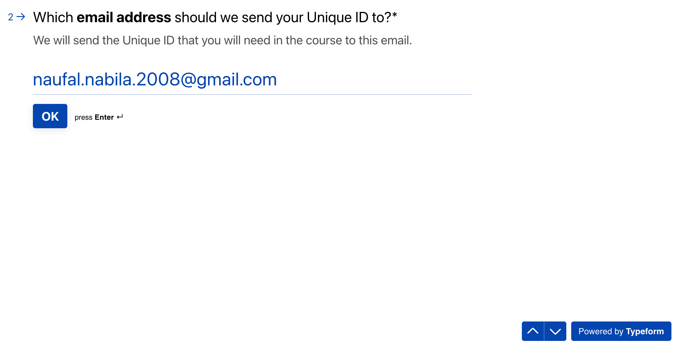 Formulir Typeform meminta alamat email Kita.