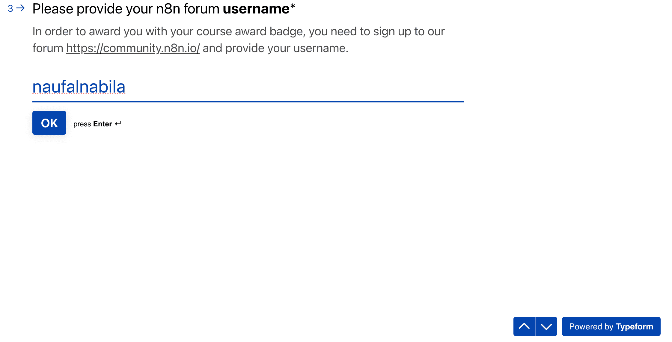 Formulir Typeform meminta username forum n8n Kita (naufalnabila).