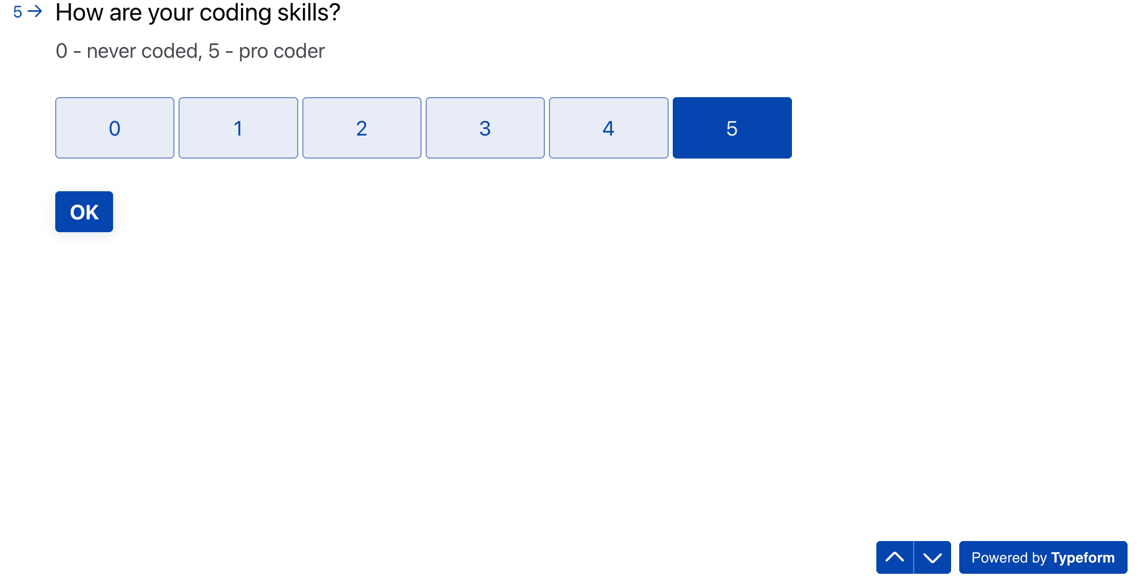 Pertanyaan survei: 'How are your coding skills?' diisi dengan rating 5.