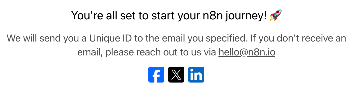 Layar sukses pendaftaran: 'You're all set to start your n8n journey!'.