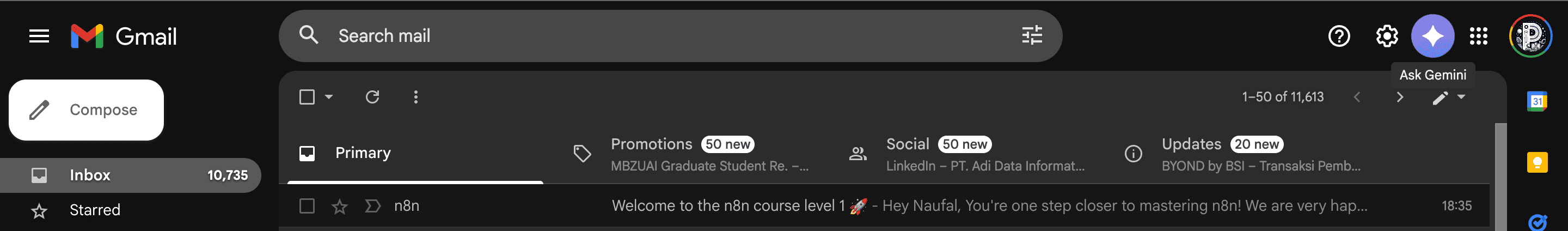 Inbox Gmail menunjukkan email baru dari n8n.