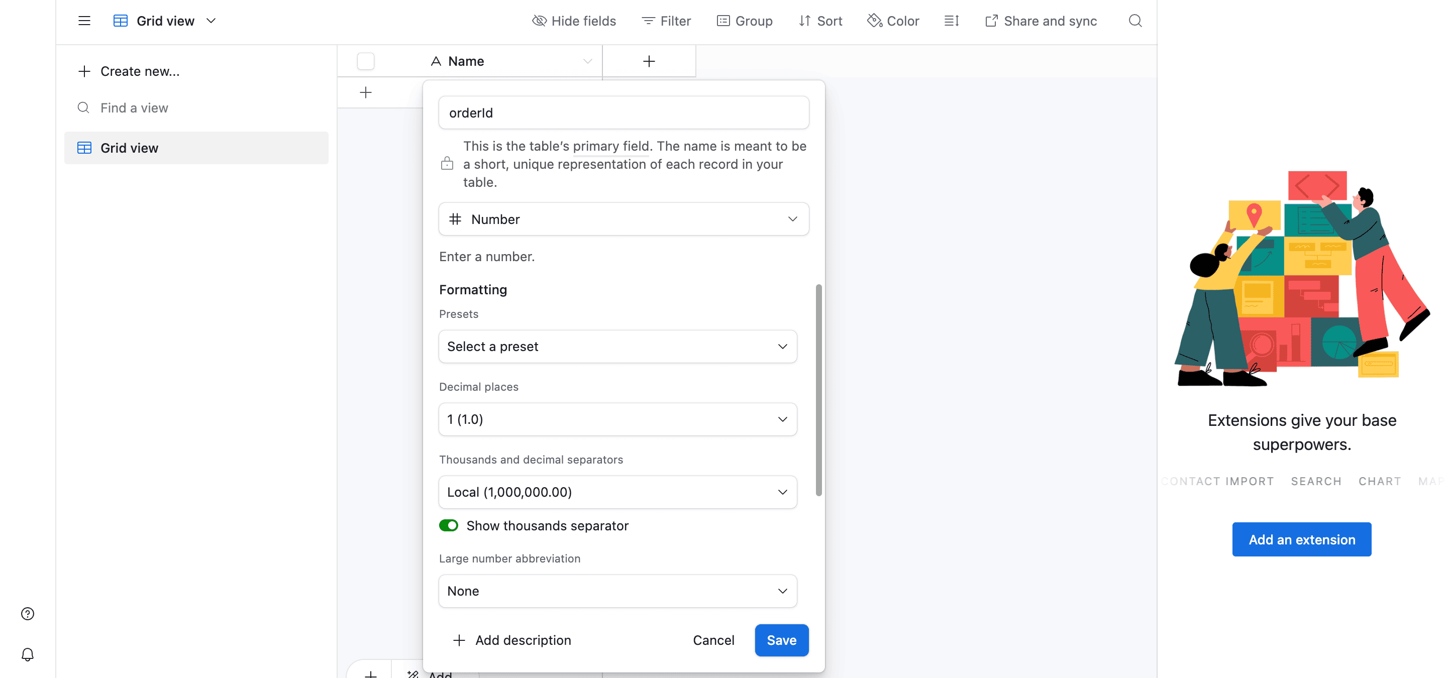 Mengedit kolom utama menjadi 'orderID' dengan tipe 'Number'.