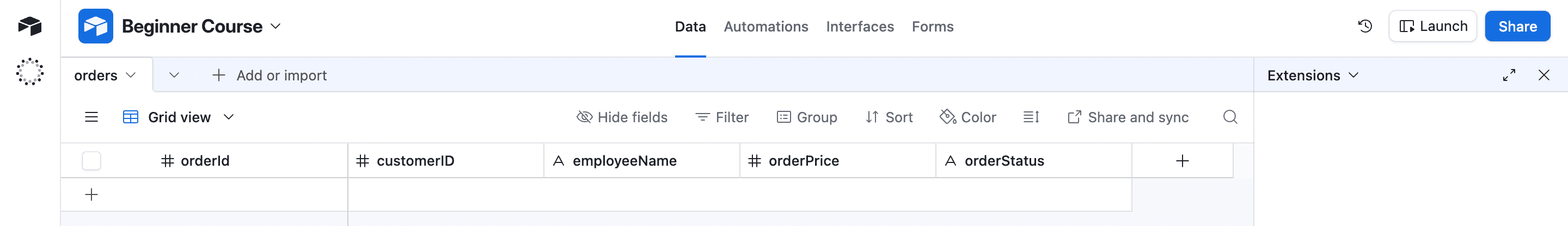 Tabel 'orders' di Airtable yang sudah jadi dengan 5 kolom yang benar.