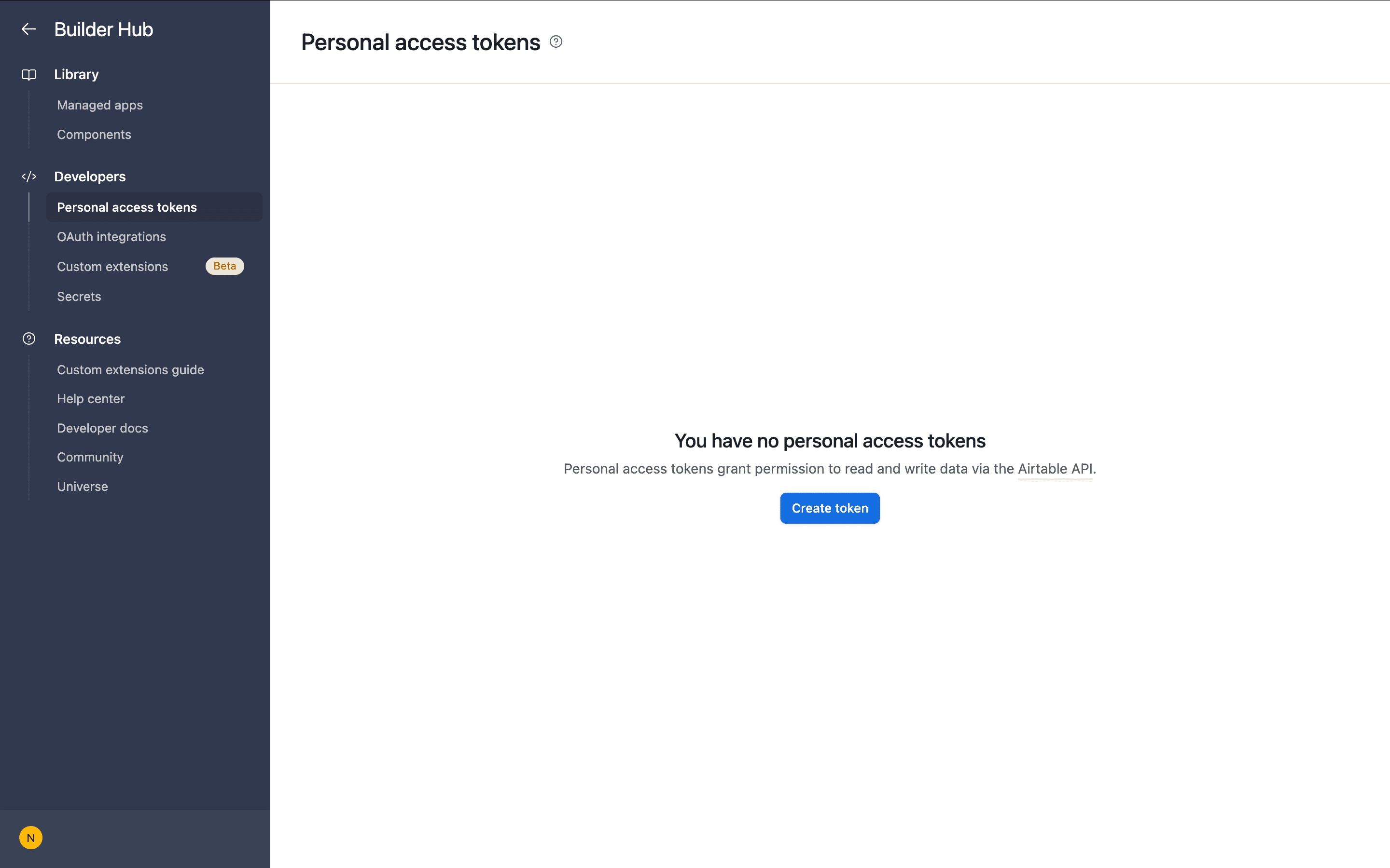 Halaman 'Personal access tokens' di Airtable dengan tombol 'Create token'.