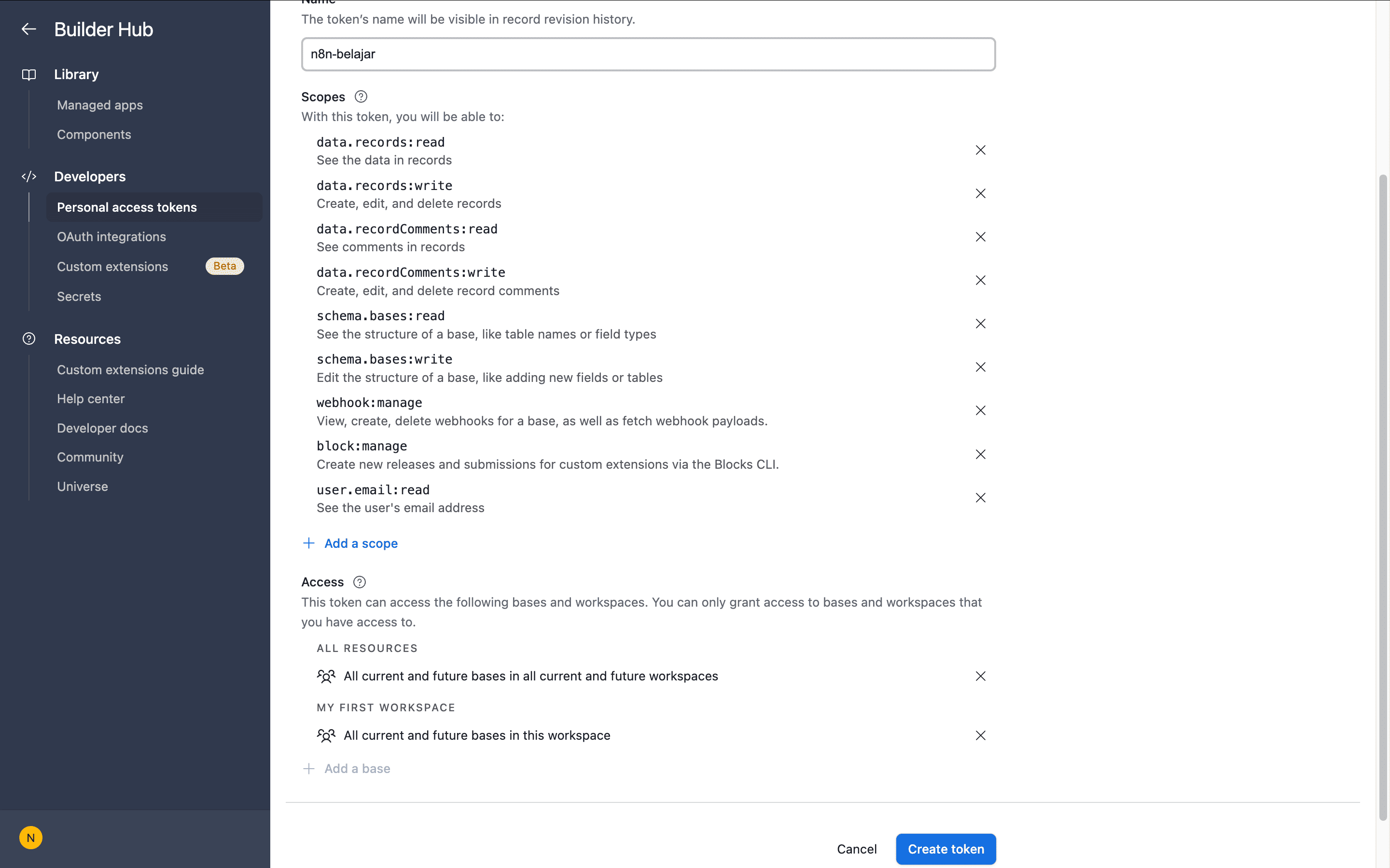 Formulir 'Create new token' diisi dengan Nama, Scopes, dan Access.