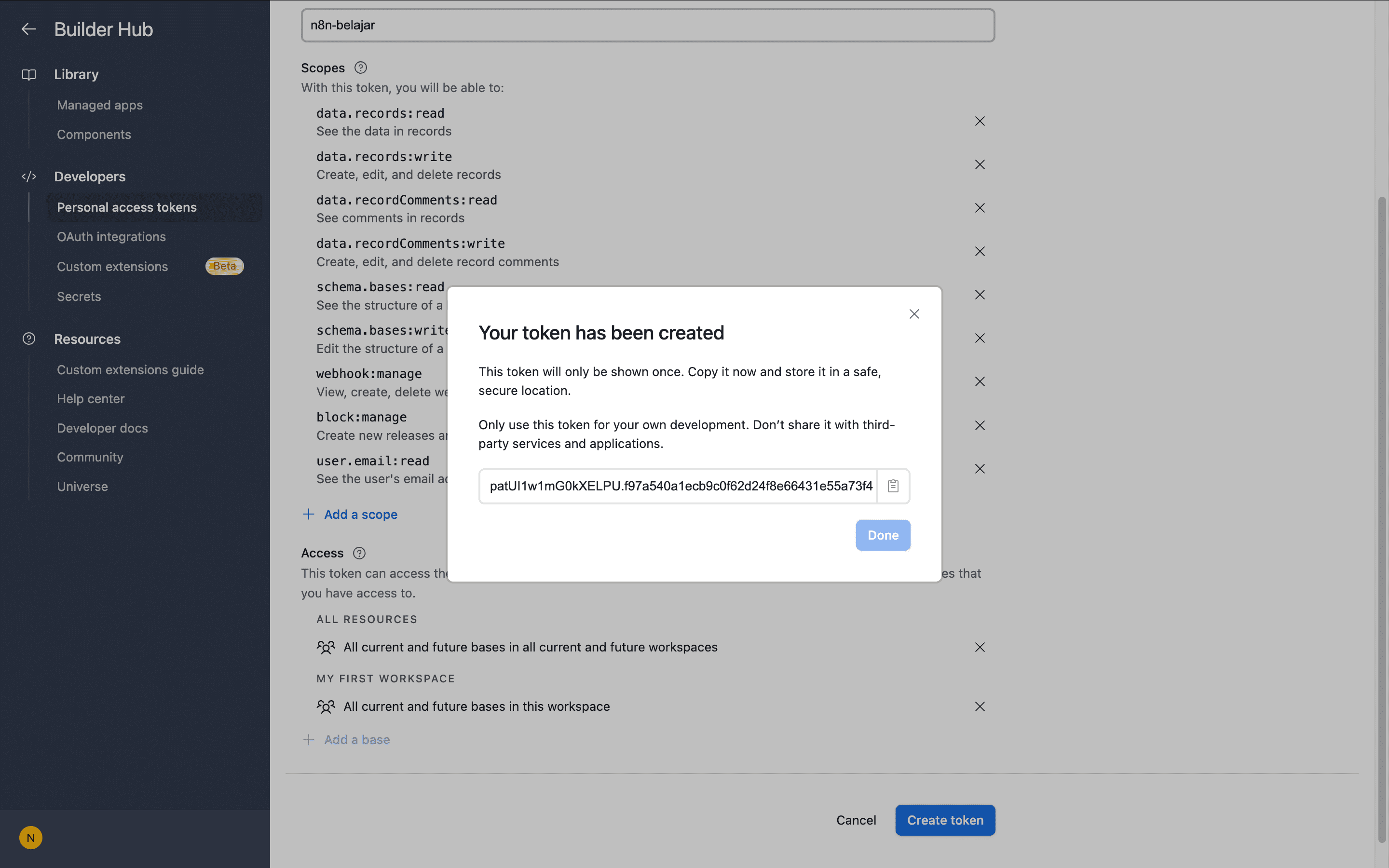 Popup 'Your token has been created' dengan token rahasia.